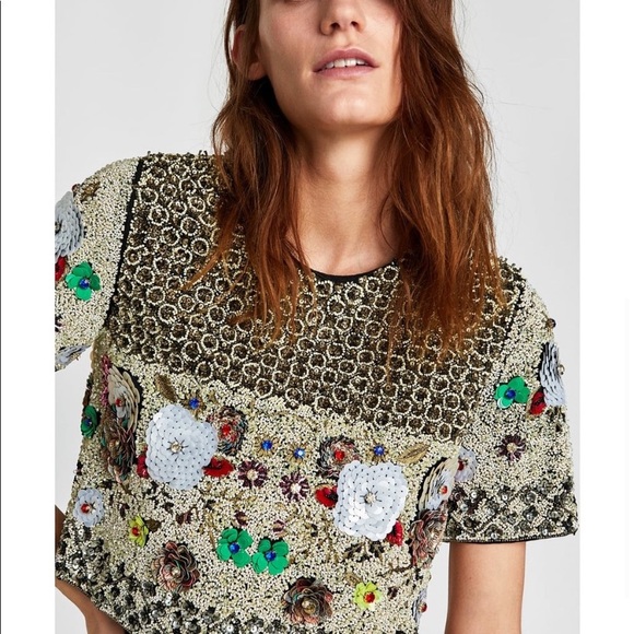 ISO Zara limited Edition Embellished Sequin Floral Crop Top - Picture 2 of 3